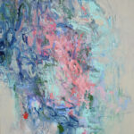 An expressive painting with many brushstrokes and cool colors with pink running through the middle.