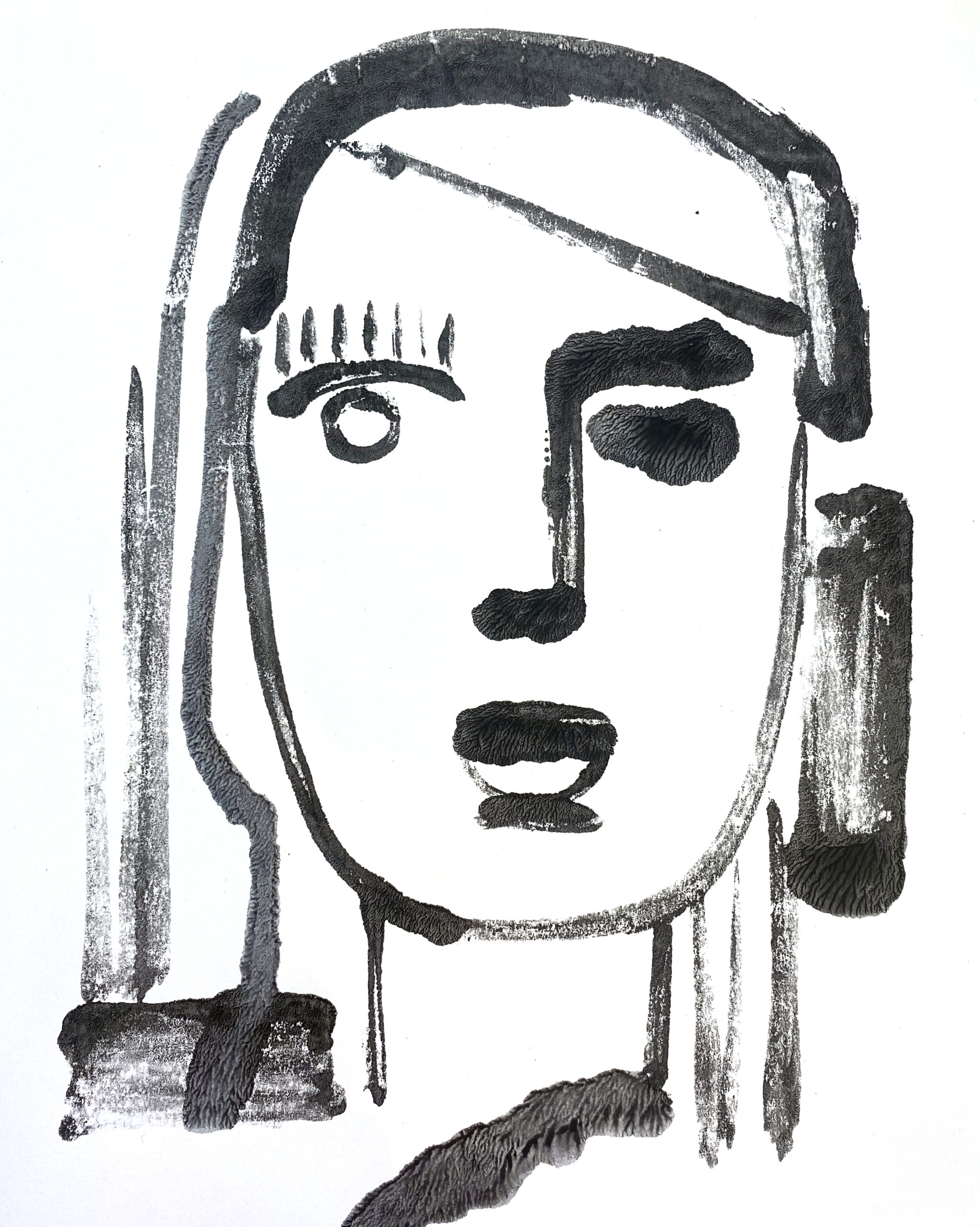 line drawing of woman's faced, monoprinted in black and white