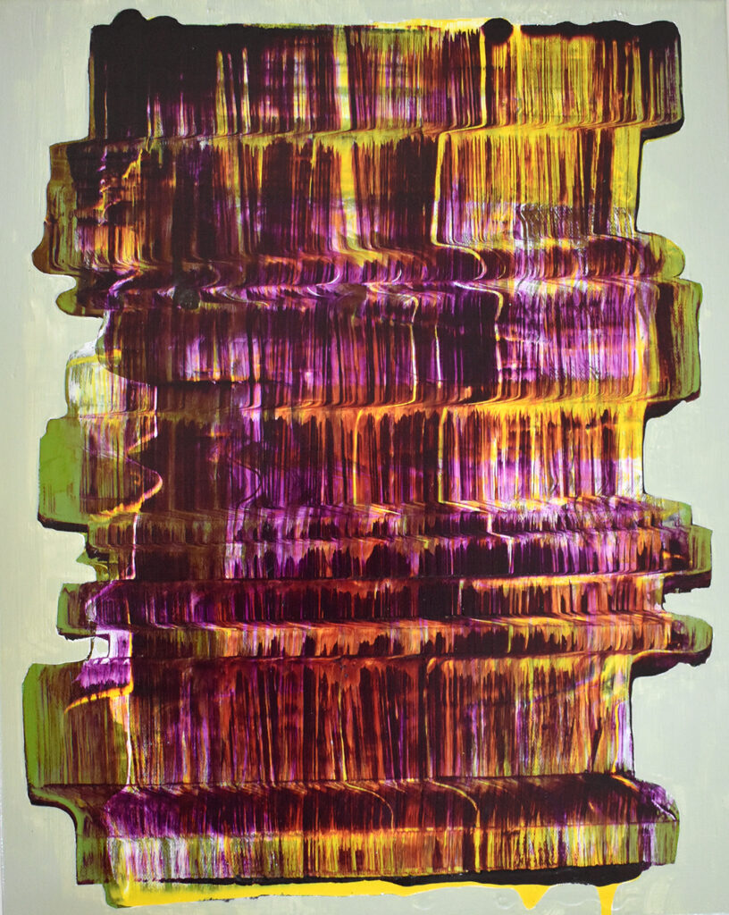 acrylic painting on canvas with transparent purples over yellow and green using Golden paints and gels by Carol Barber.