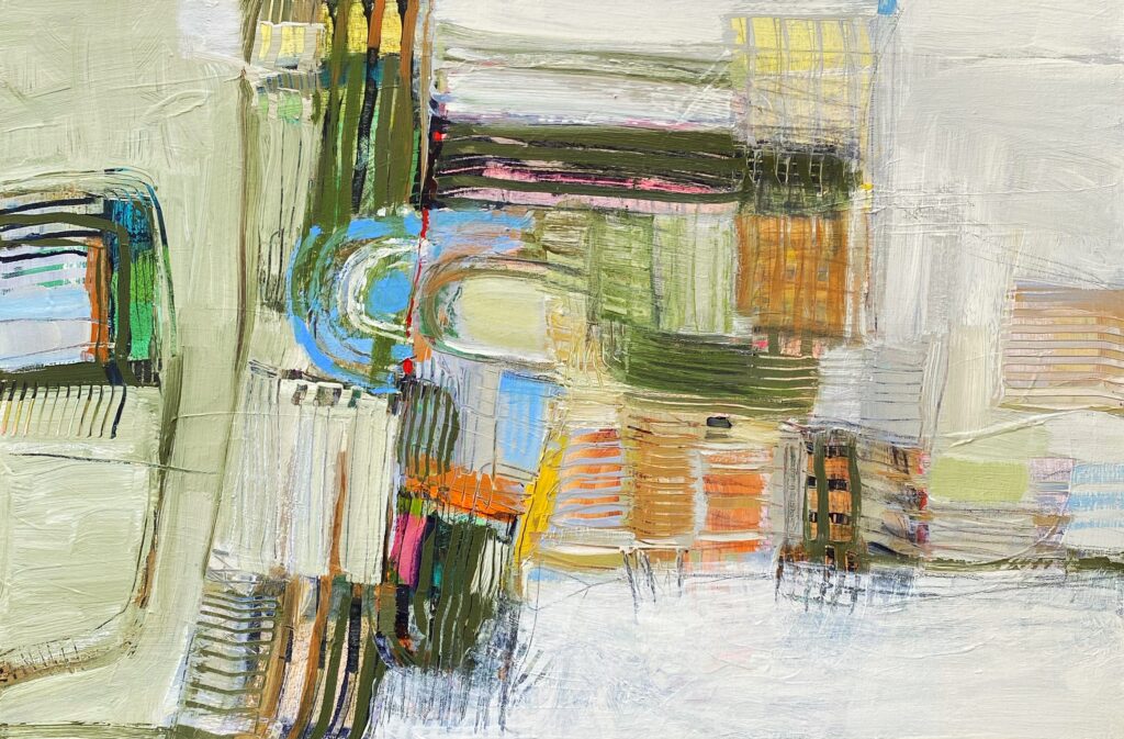 abstract painting on canvas by Carol Barber with lots of mark-making, warm and neutral colors